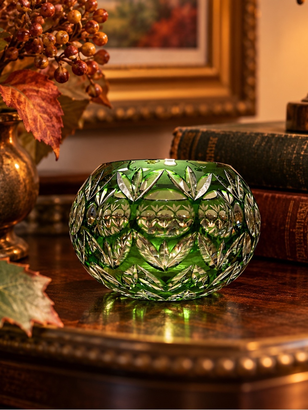 Vintage Godinger Green Cut to Clear Crystal Glass Votive Candle Holder